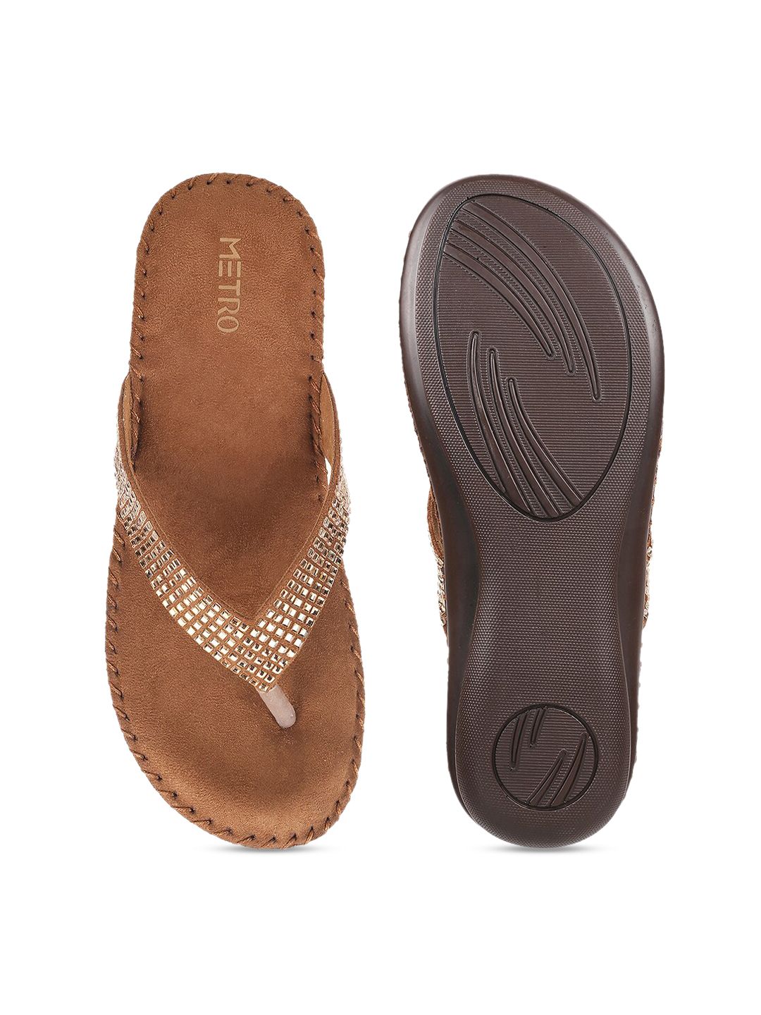 Metro Women Gold-Toned & Tan Brown Embellished Open Toe Flats