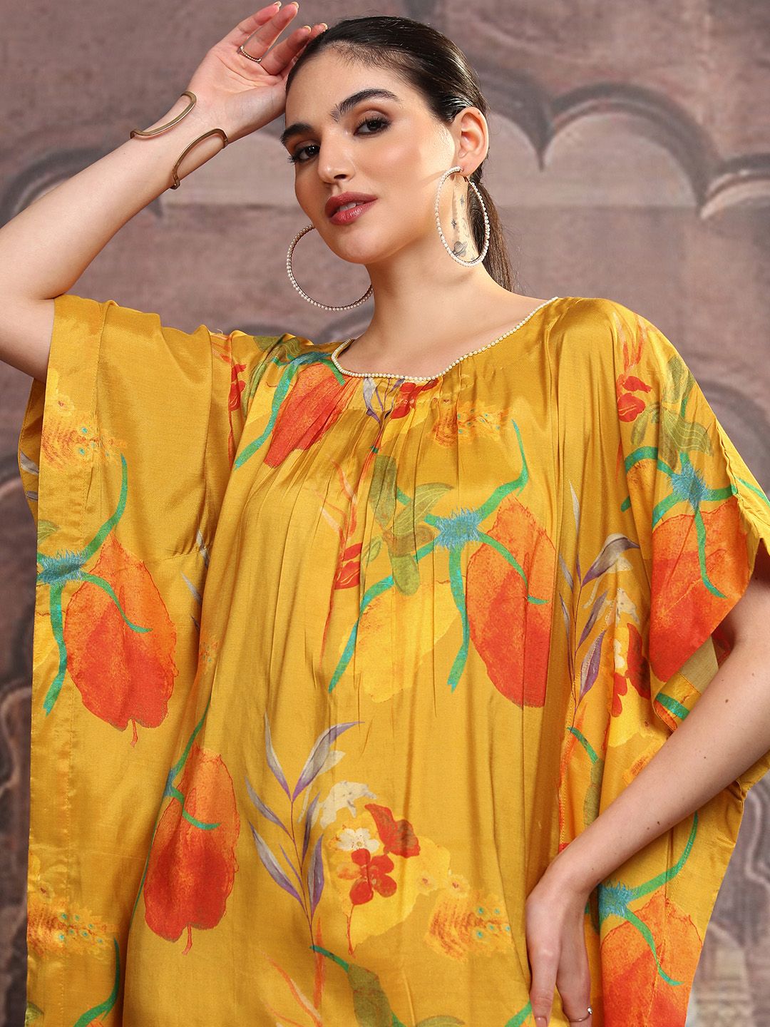 Vishudh Mustard Yellow & Red Floral Printed Straight Kurta with Trousers