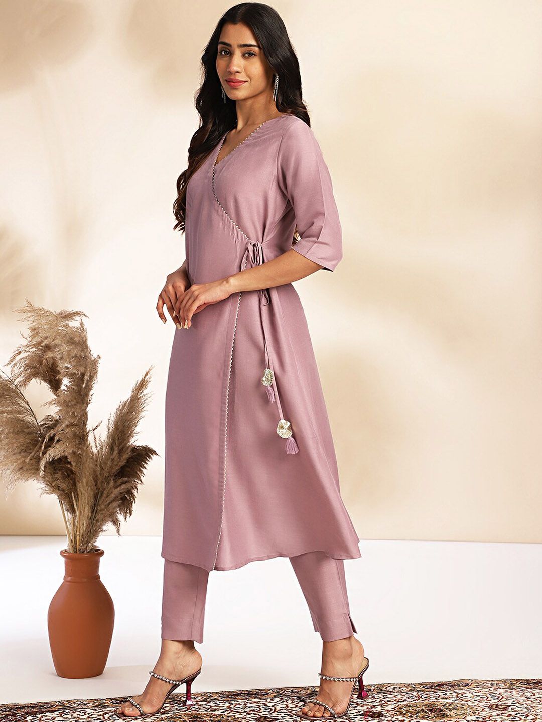 Janasya Women's Lavender Chinnon Solid Wrap Kurta Set