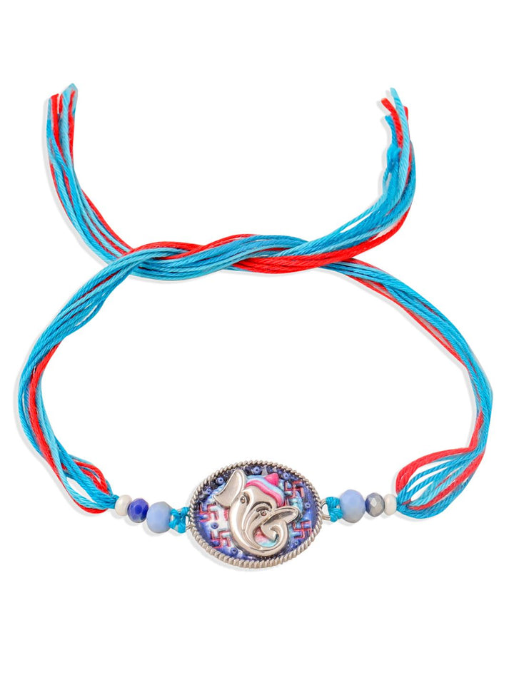 NVR Unisex Red & Blue Ganesh Ji Thread Rakhi With Roli Chawal