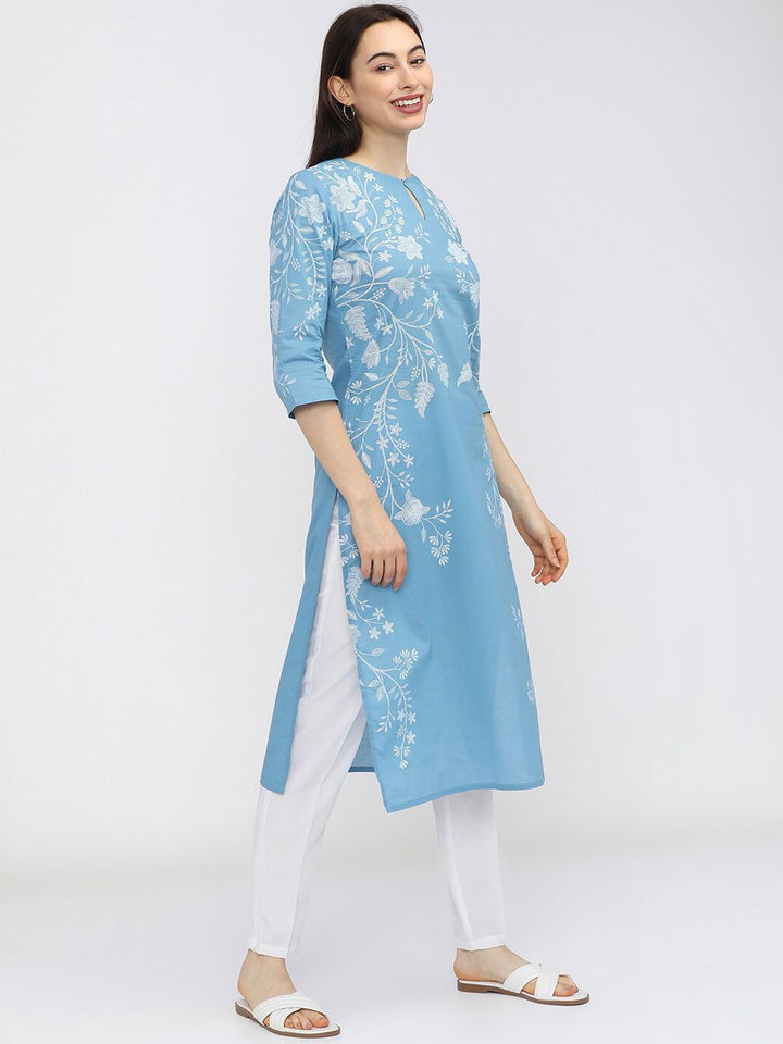 Vishudh Women Blue Floral Printed Keyhole Neck Kurta
