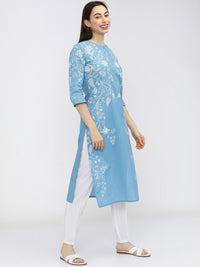Vishudh Women Blue Floral Printed Keyhole Neck Kurta