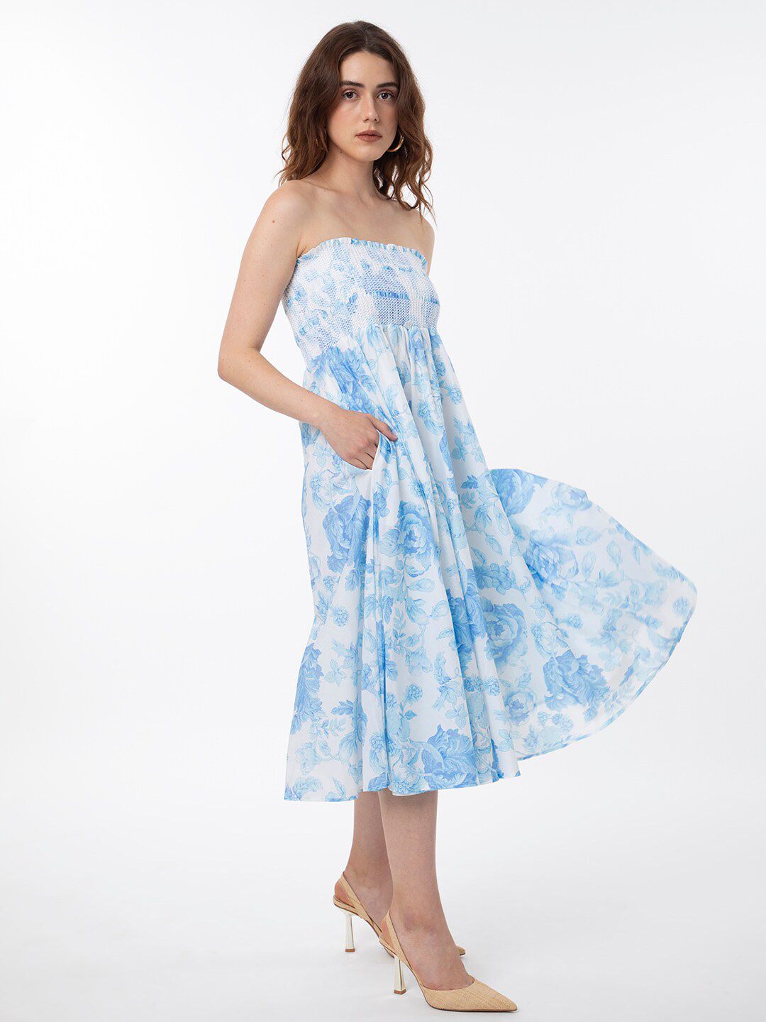 RAREISM Floral Printed Strapless Fit & Flare Midi Dress