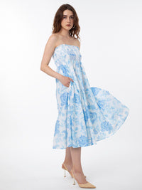 RAREISM Floral Printed Strapless Fit & Flare Midi Dress