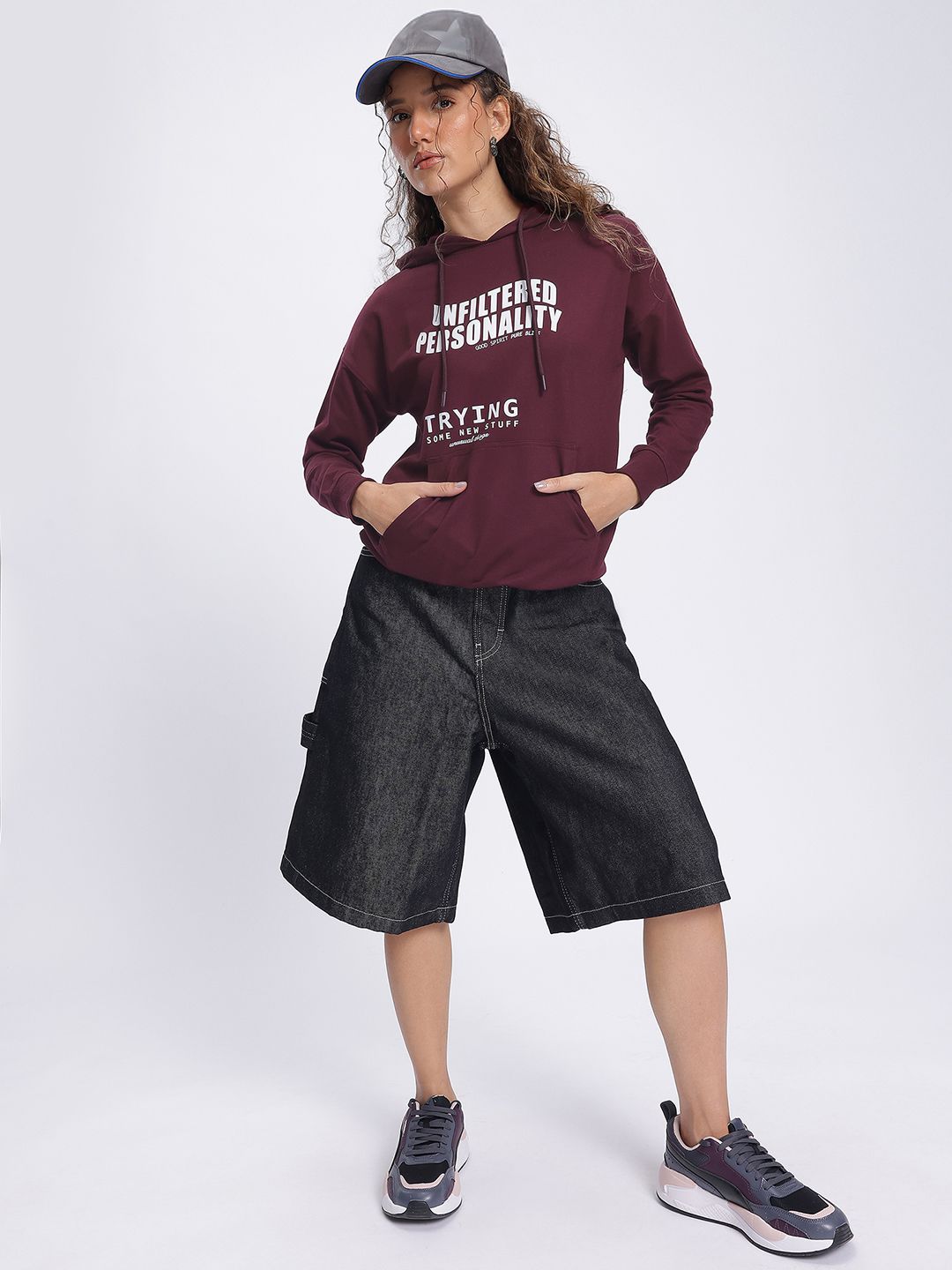 DressBerry Typo Trend Hooded Drop-Shoulder Sweatshirt