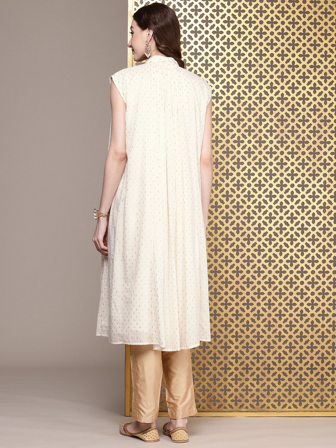 House of Pataudi Geometric Woven Design Shirt Collar Gotta Patti Detail Jashn A-Line Kurta