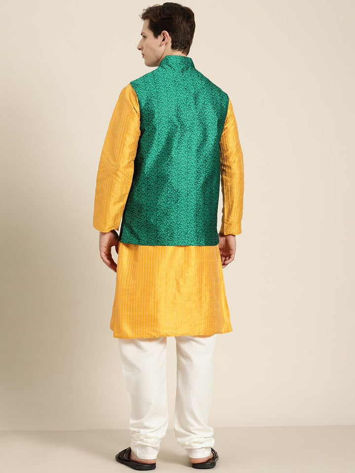 SOJANYA Men Mustard Yellow Striped Kurta with Pyjamas  & Nehru Jacket