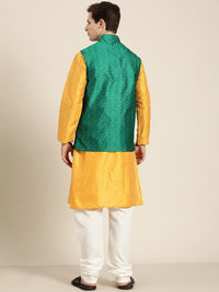 SOJANYA Men Mustard Yellow Striped Kurta with Pyjamas  & Nehru Jacket