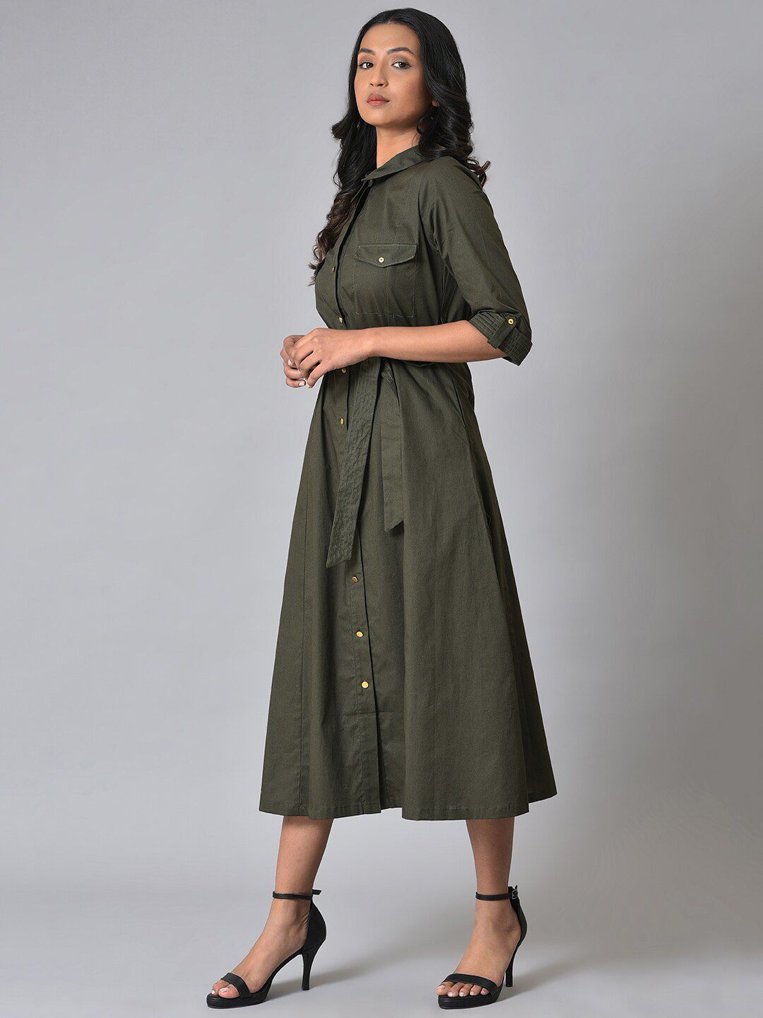 W Rool-Up Sleeves Pure Cotton Shirt Midi Dress