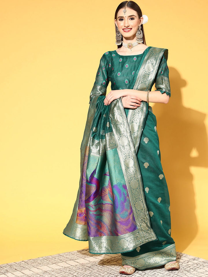Saree mall Teal Green Ethnic Motifs Silk Blend Sarees