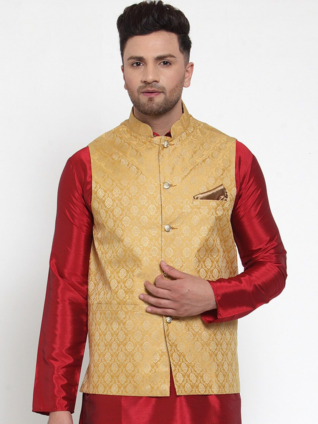 Jompers Men Gold-Coloured & Beige Woven Design Nehru Jacket