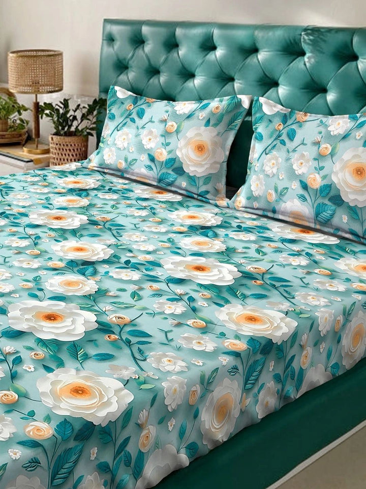 Moda Rapido X KLOTTHE Turquoise Biru & Putih Bunga 300 TC Cadar King dengan 2 Sarung Bantal