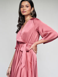 AND Flared Sleeves Belted Pleated Midi Wrap Dress
