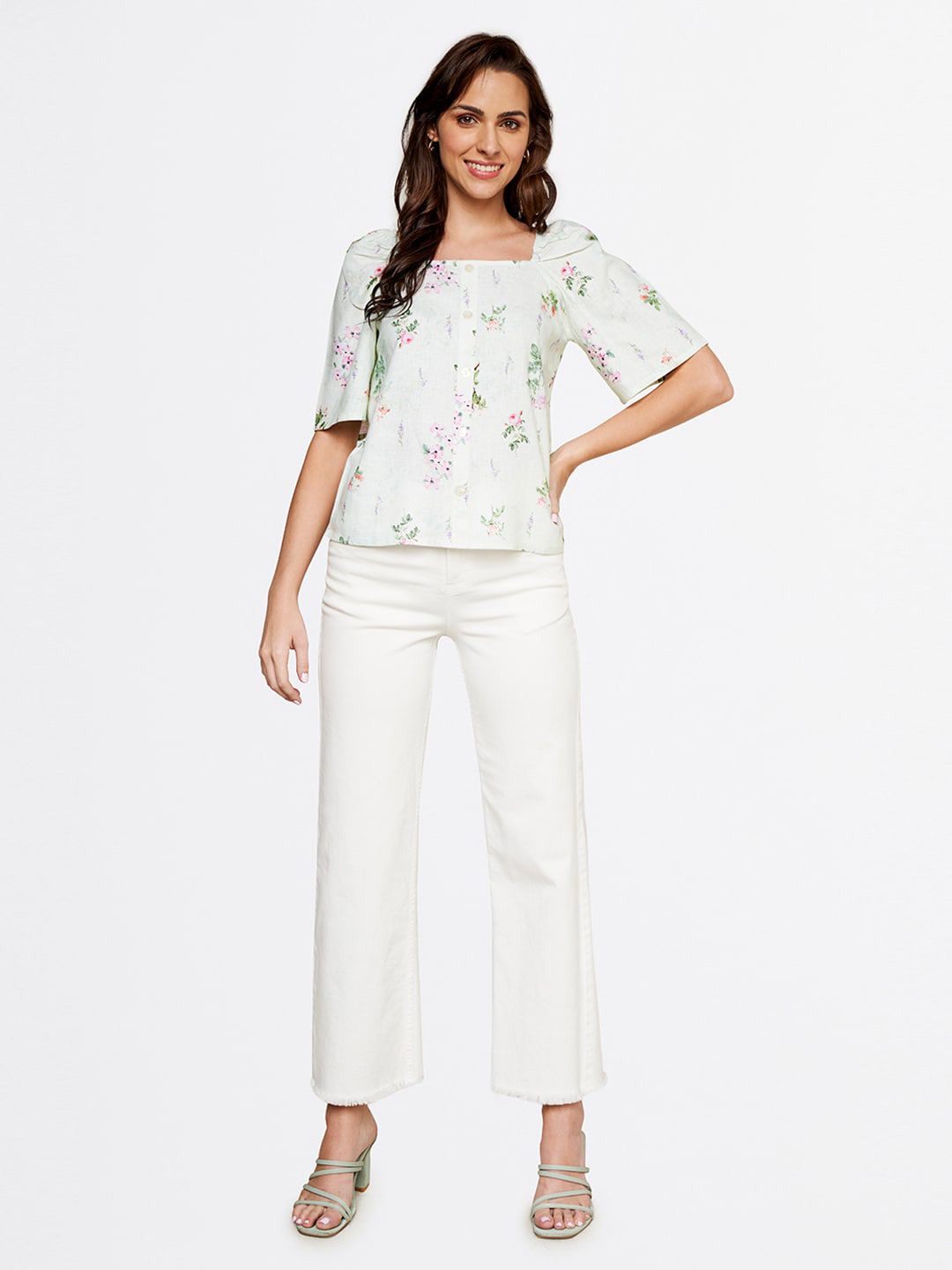 AND Green Floral Printed Round Neck Linen Top