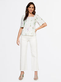 AND Green Floral Printed Round Neck Linen Top
