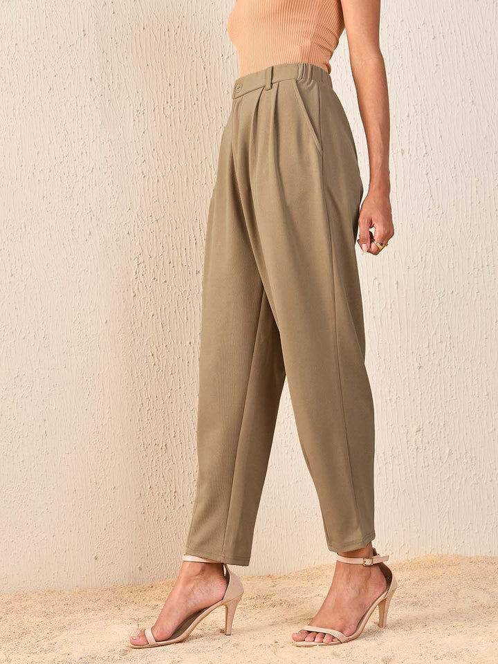 SASSAFRAS Women Beige Tapered Fit High-Rise Peg Trousers