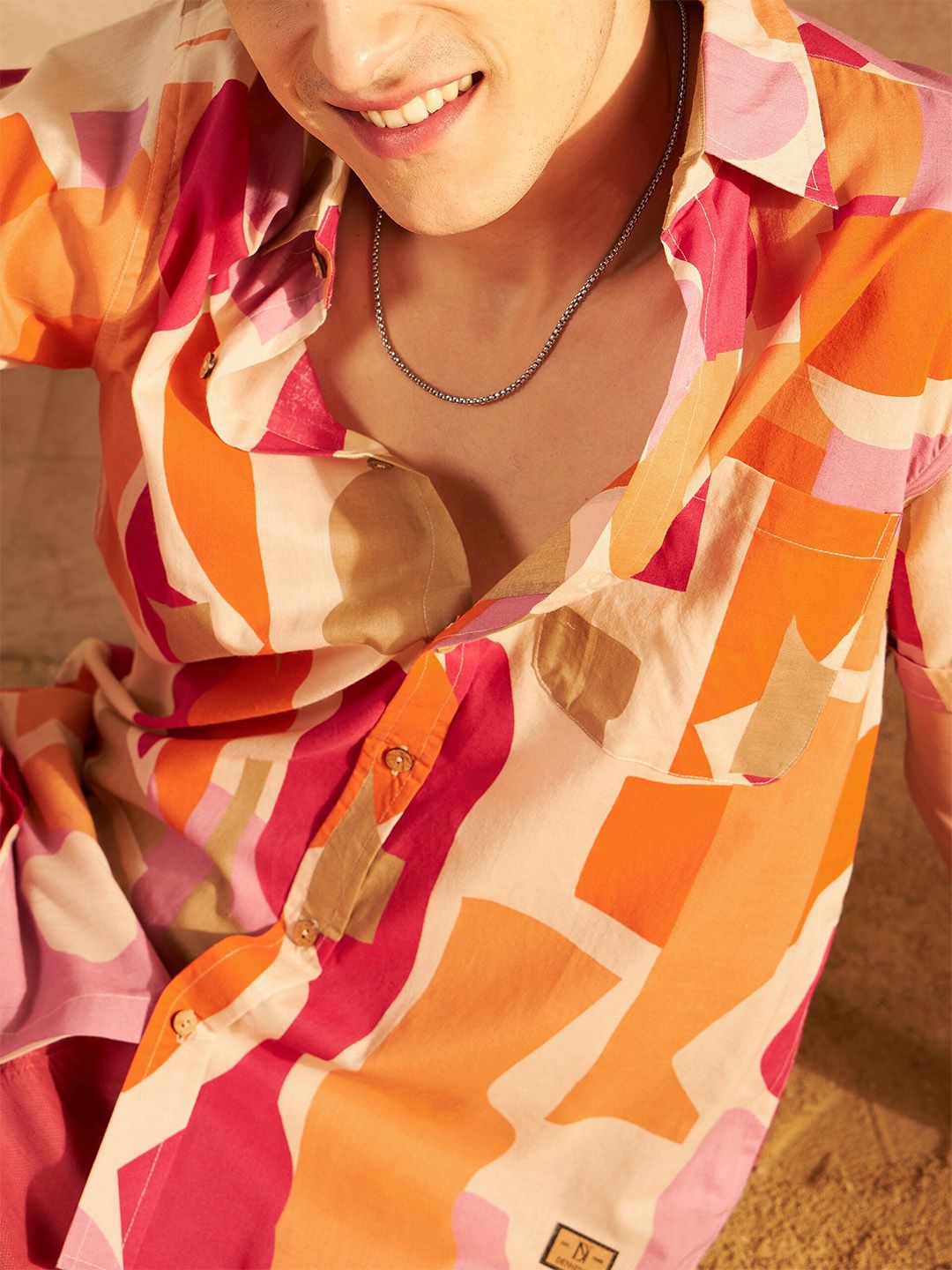 DENNISON Smart Oversized Geometric Printed Spread Collar Cotton Lightweight Shirt