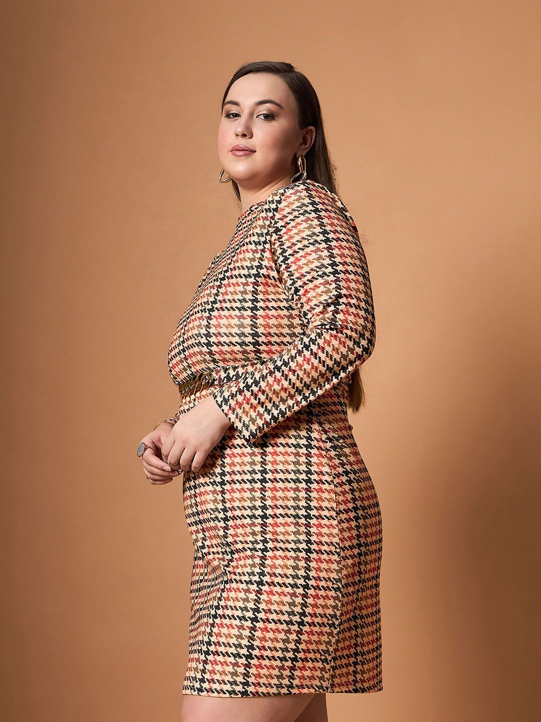 SASSAFRAS Curve Embellished Checked Sheath Dress