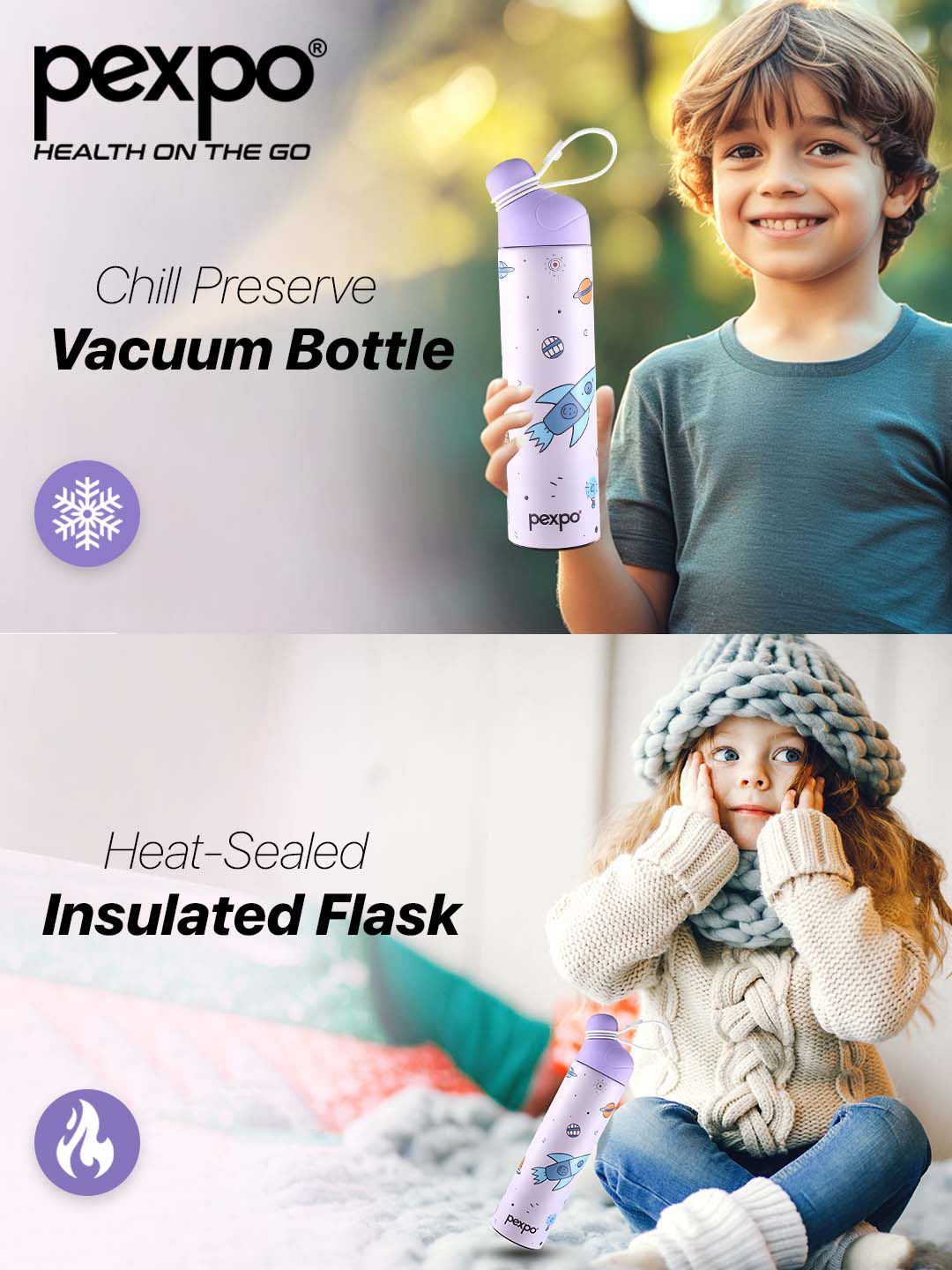 Pexpo Pico Purple ISI Certified Thermosteel Hot, Cold With Rocket Flask Water Bottle 500ml