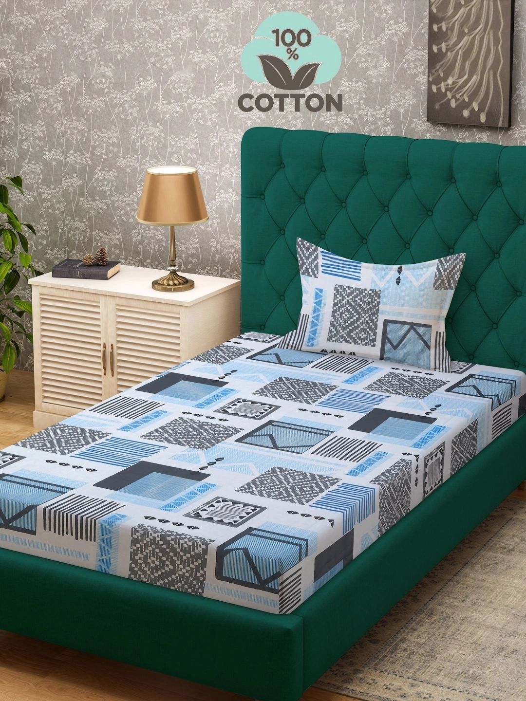 Moda Rapido X KLOTTHE Blue & Grey Geometric 400 TC Single Bedsheet with 1 Pillow Covers