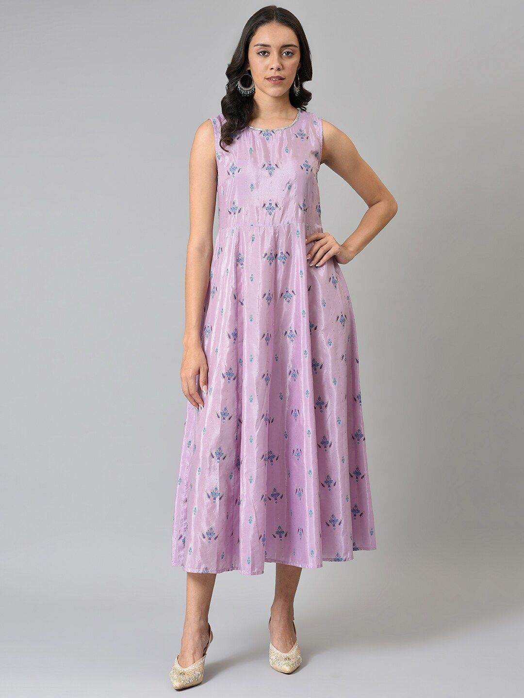 W Purple Women Floral Printed A-Line Midi Dress