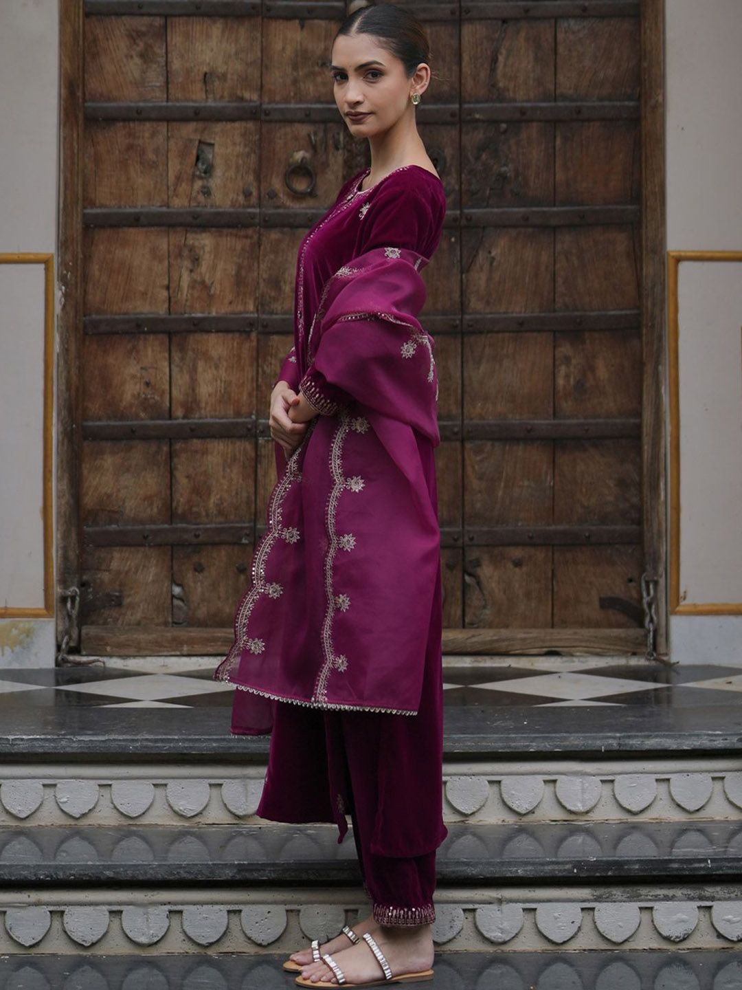 Indo Era Women Ethnic Motifs Embroidered Regular Velvet Kurta with Trousers & With Dupatta