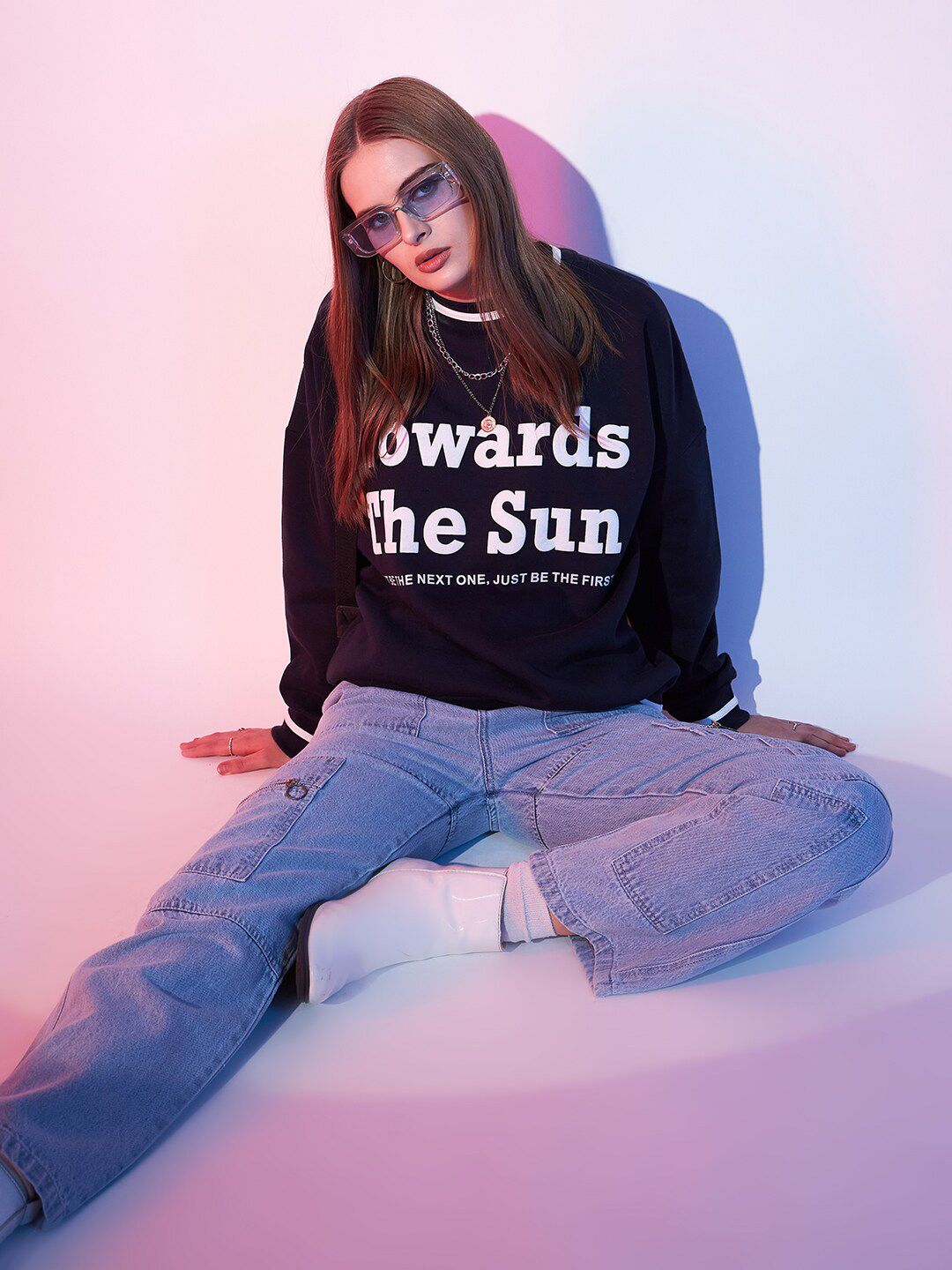 STREET 9 Navy Blue Typography Printed Drop Shoulder Pullover Fleece Sweatshirt