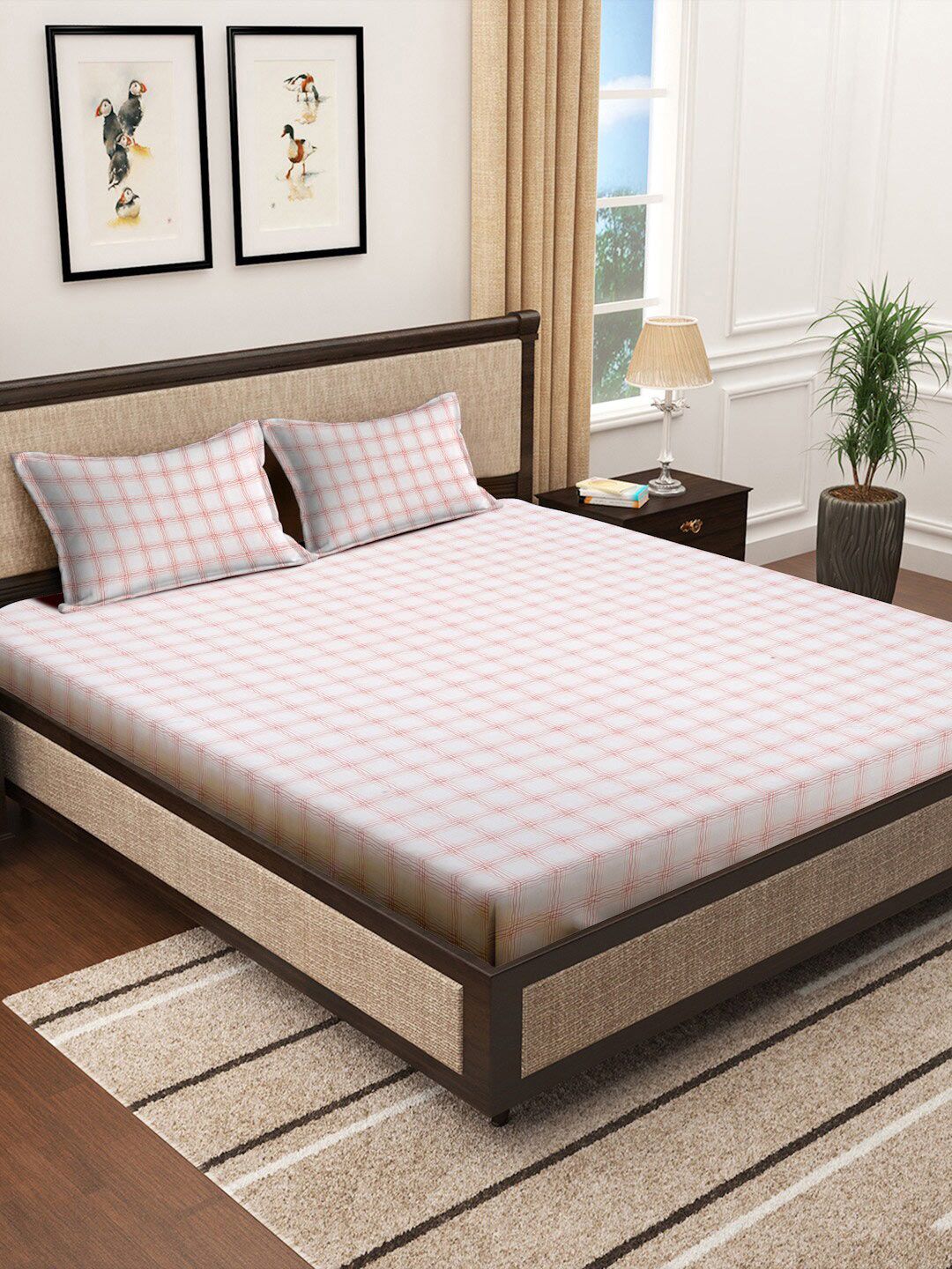 KLOTTHE  White & Orange Geometric 300 TC King Bedsheet With 2 Pillow covers