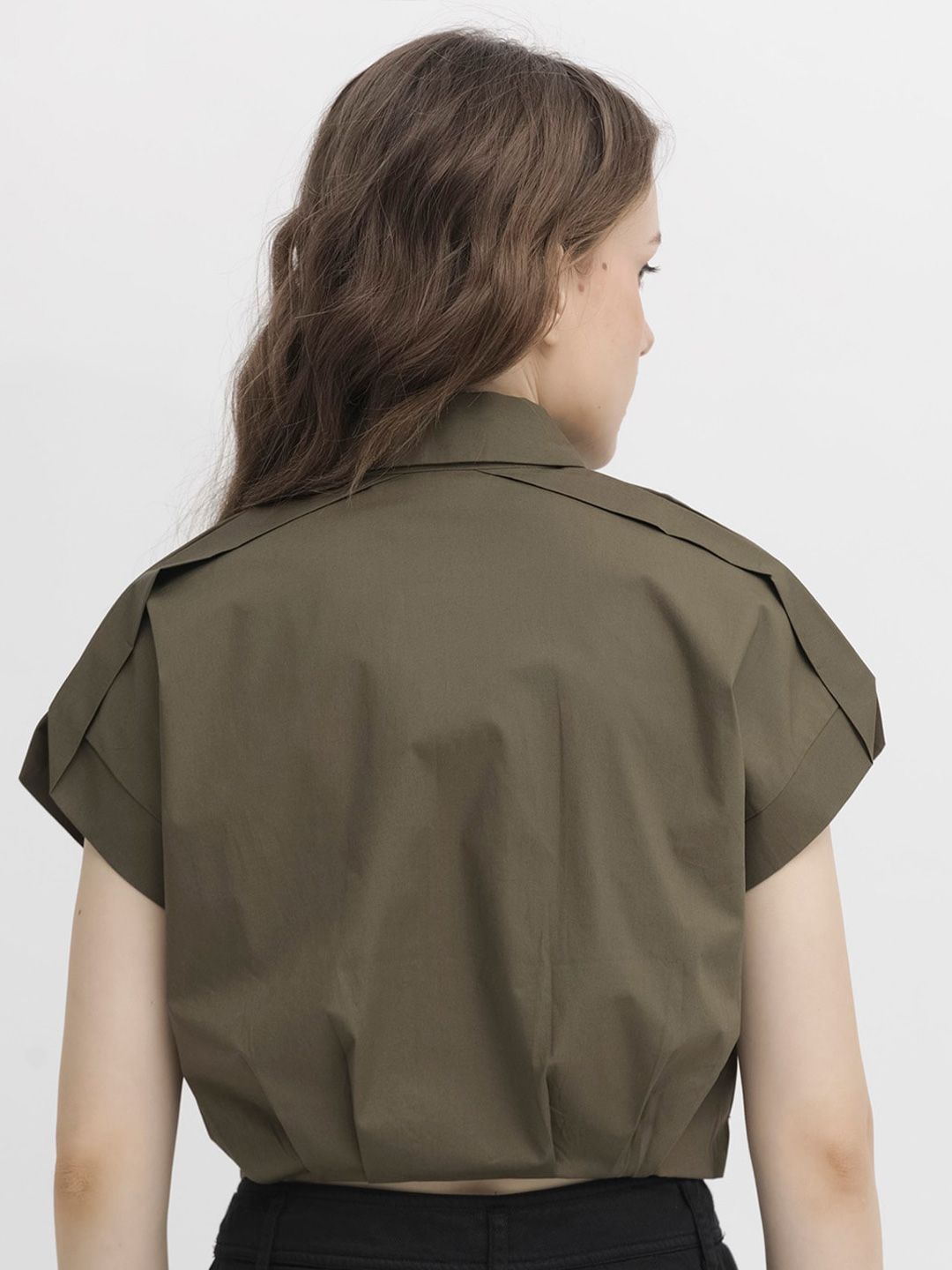 RAREISM Shirt Collar Extended Sleeves Crop Shirt Style Cotton Top