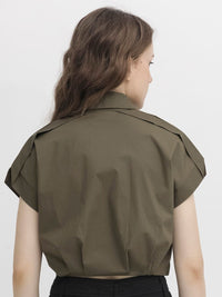 RAREISM Shirt Collar Extended Sleeves Crop Shirt Style Cotton Top