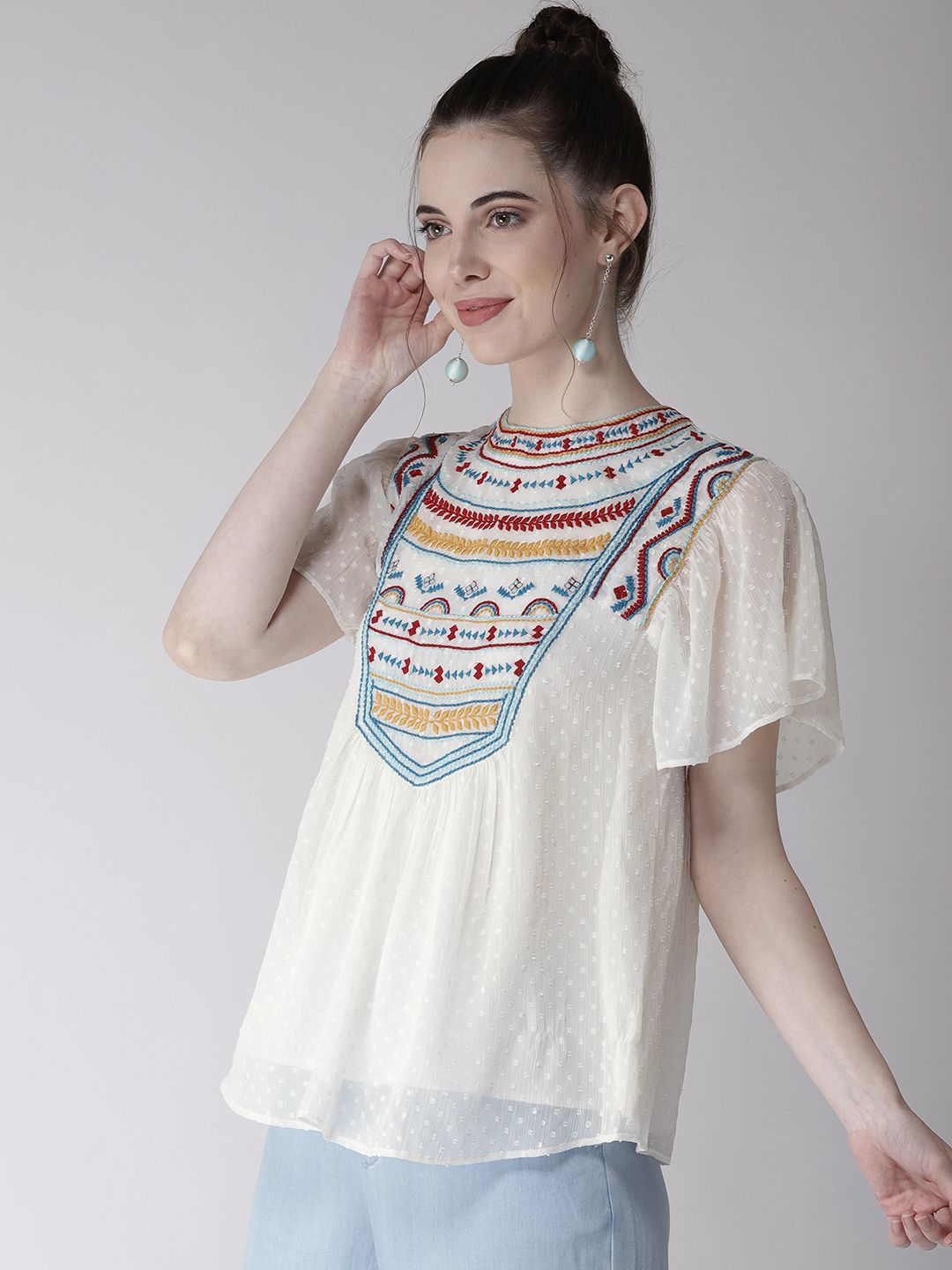 Antheaa White Self Design A-Line Top