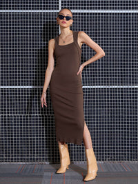 SASSAFRAS Brown Rib Side Slit Bodycon Midi Dress