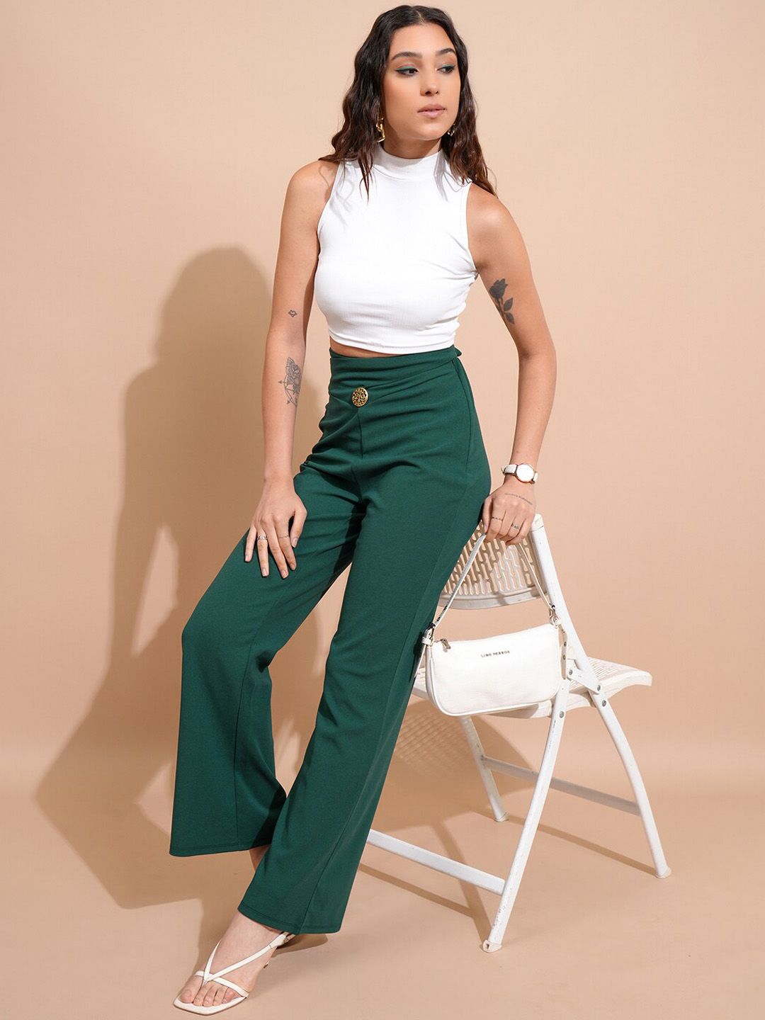 Tokyo Talkies Green Women Mid-Rise Relaxed Fit Trousers