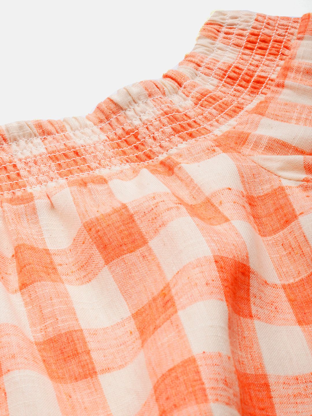 AND Coral Orange & Beige Checked Off-Shoulder Regular Top