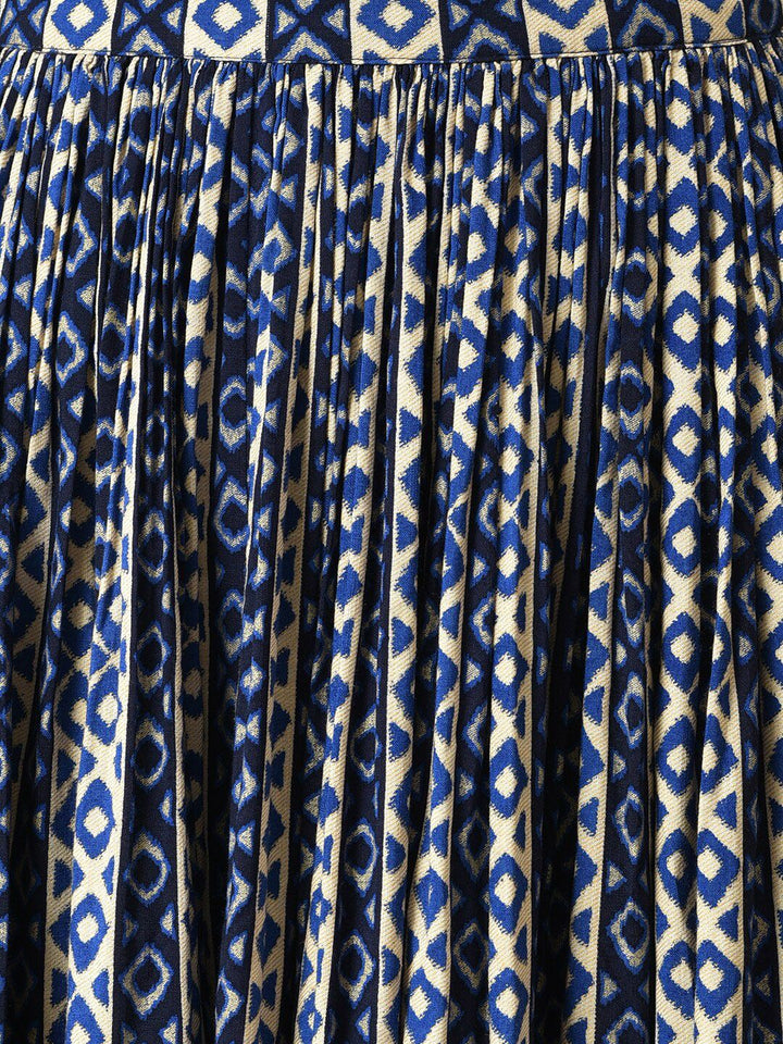 W Women Blue Solid Gathered Cape with Ikkat Printed Crop Top and Skirt Co-ord Set
