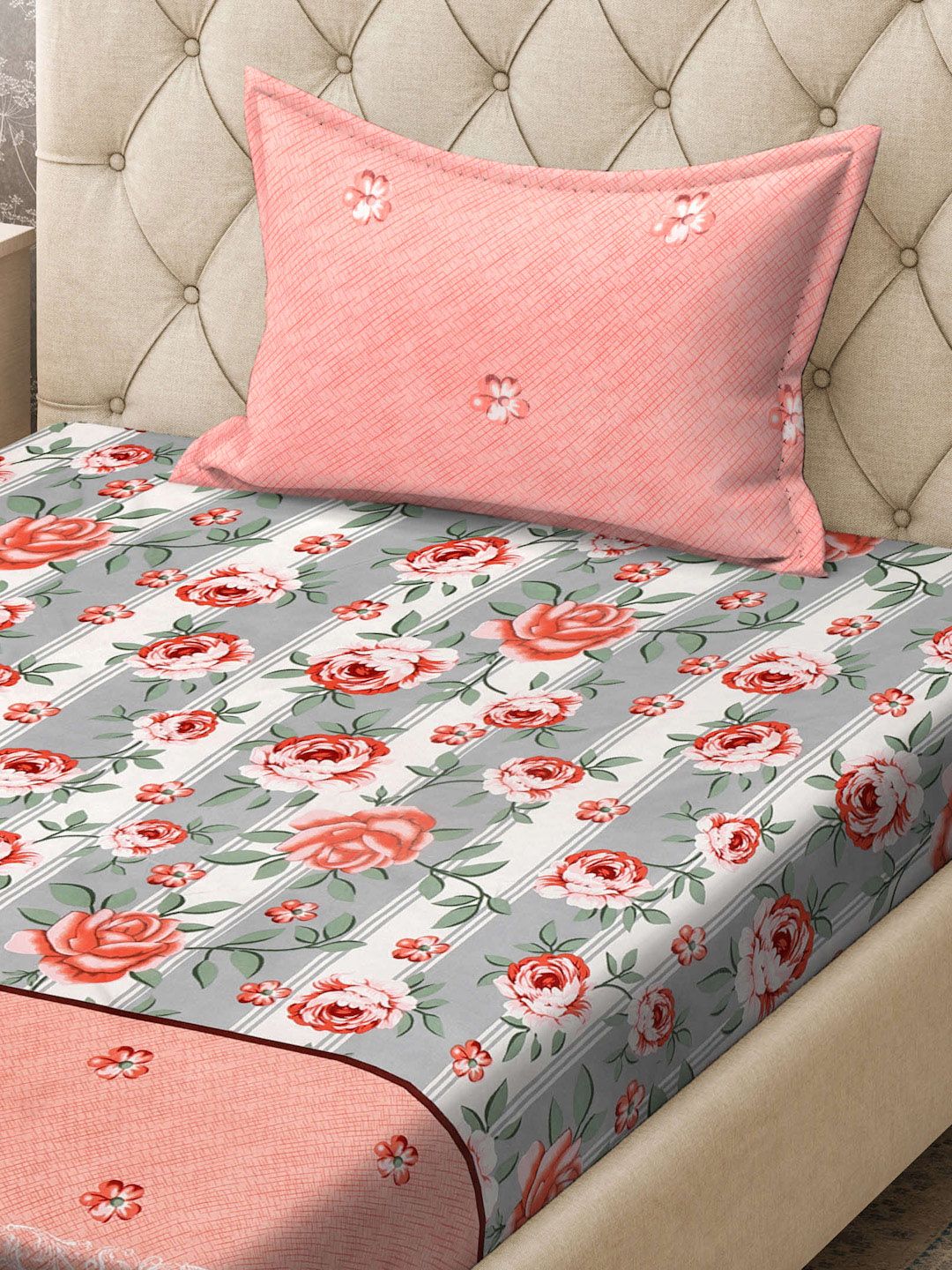 KLOTTHE Pink & Grey Floral Printed 300TC Fitted Single Bedsheet & Pillow Cover