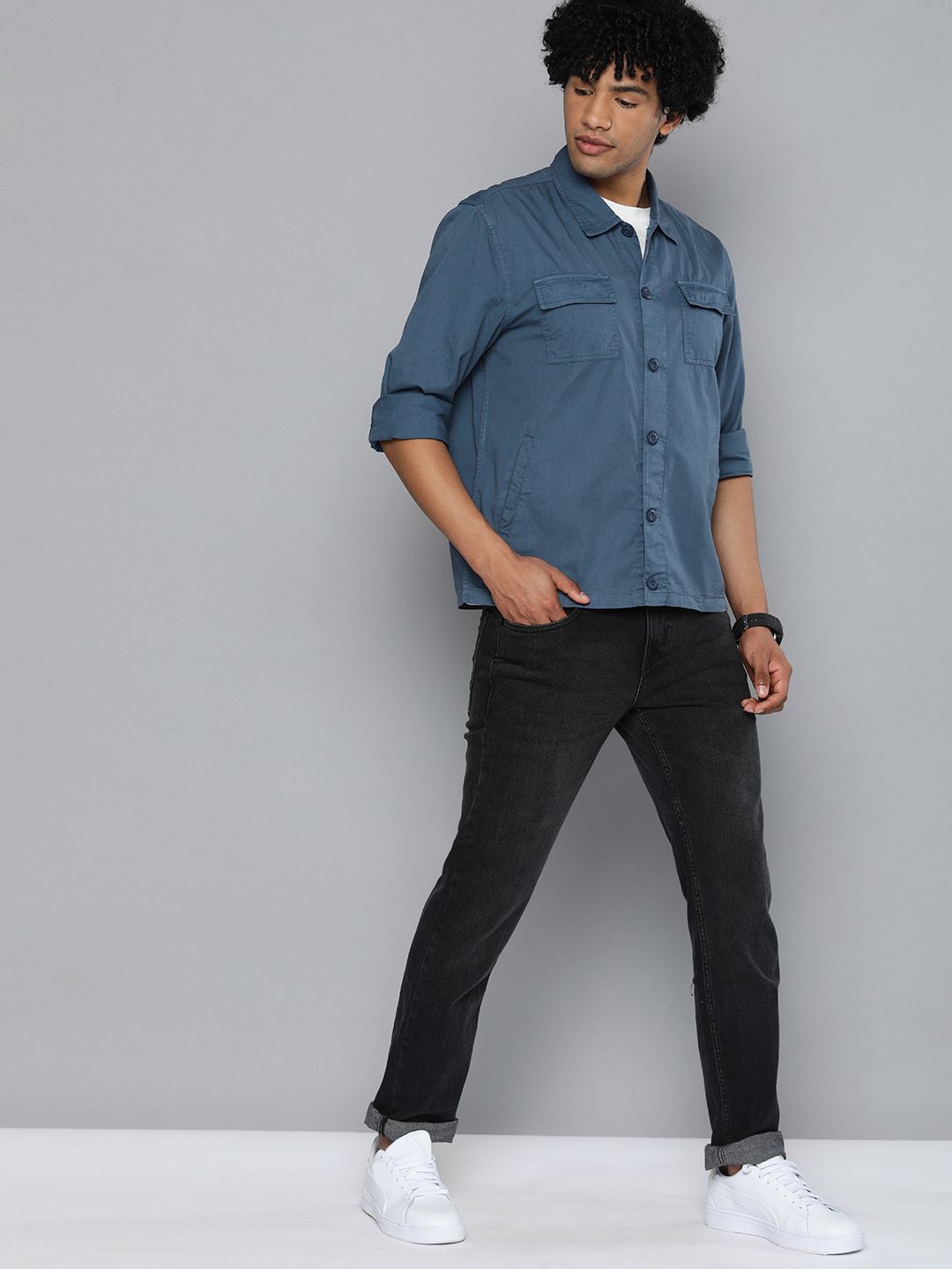 The Indian Garage Co Men  Utililty Regular Fit Solid Shirt with Double flap Pocket