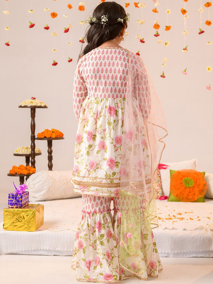 pspeaches Girls Floral Printed Angrakha Pure Cotton A-line Kurta With Sharara & Dupatta