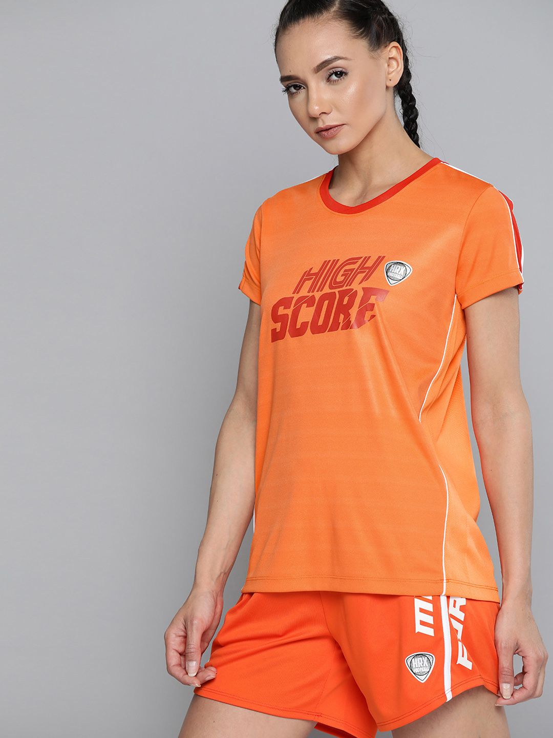 HRX By Hrithik Roshan Women Orangeade & High Risk Red Colourblock Rapid-Dry Anti-Static Antimicrobial Football Tshirt