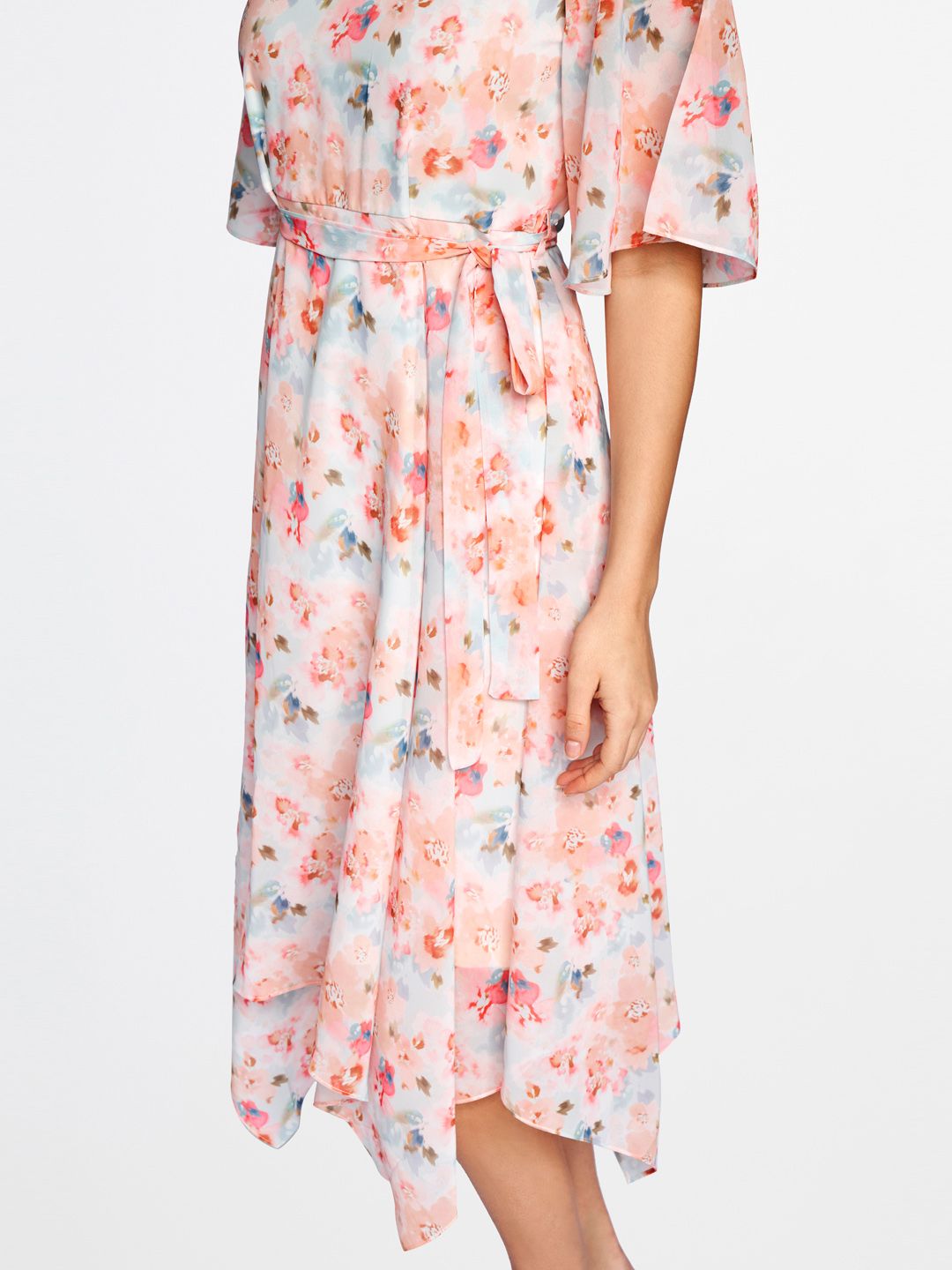 AND Women Peach & Blue Floral Printed V-Neck A-Line Dress With A Belt