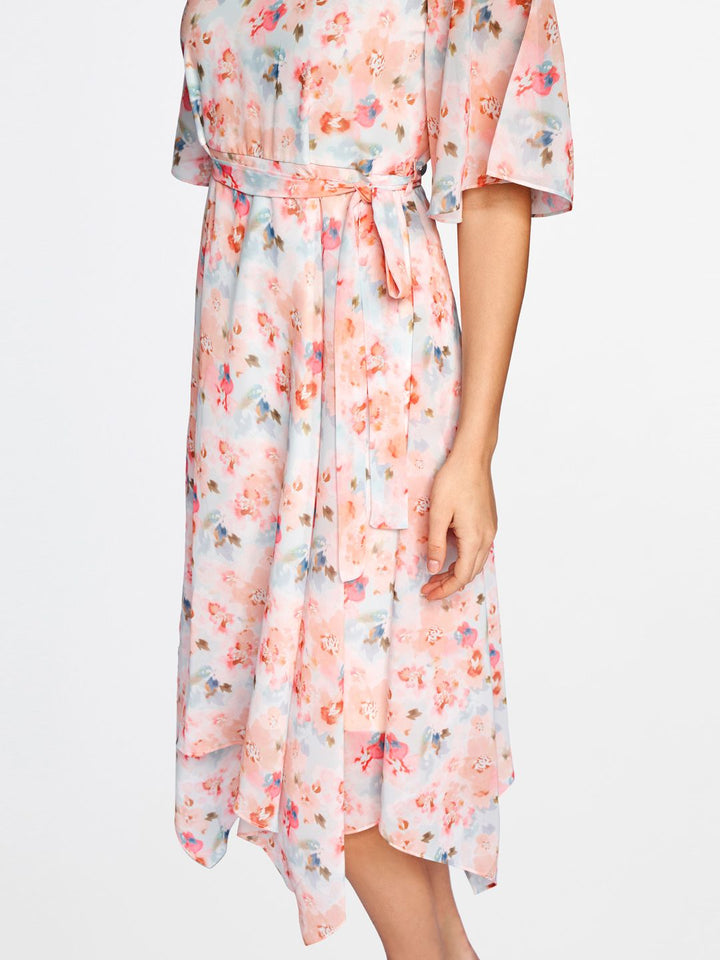 AND Women Peach & Blue Floral Printed V-Neck A-Line Dress With A Belt
