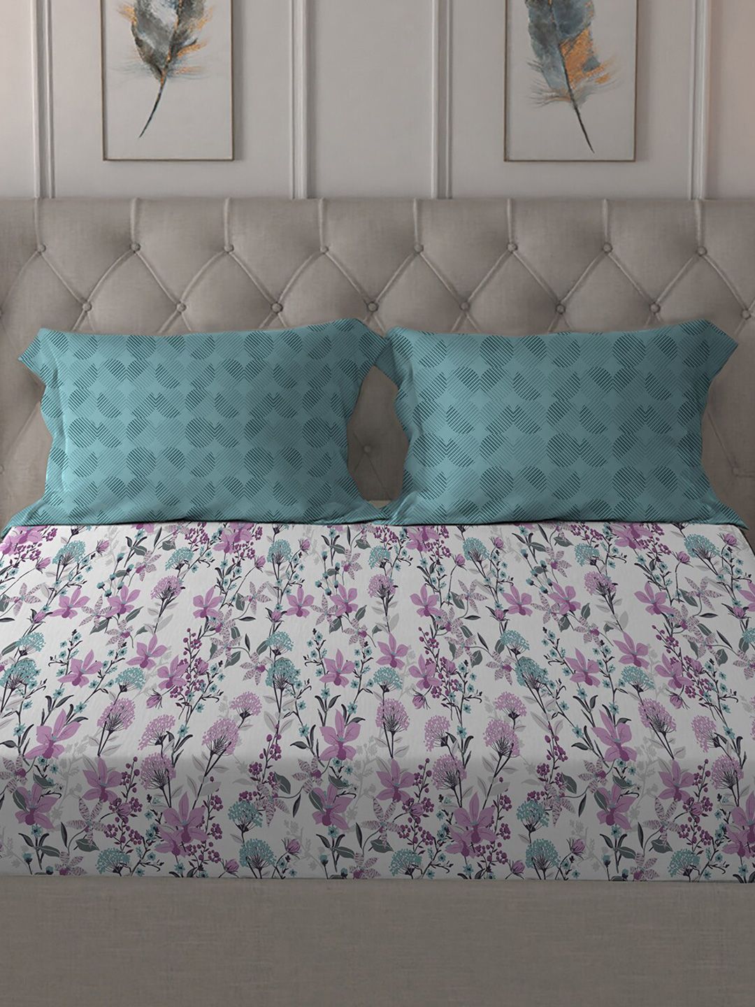 MYTRIDENT Violet  White Floral Cotton 144 TC Queen Bedsheet With 2 Pillow Covers