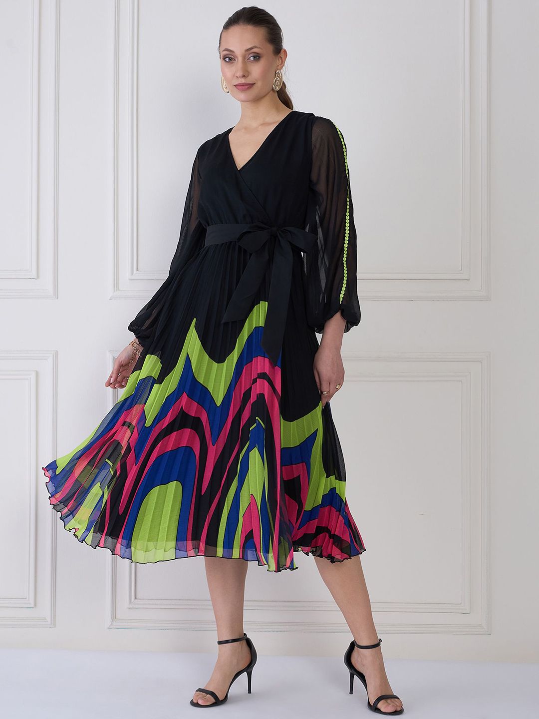 Antheaa Women Puff Sleeve Midi Wrap Dress