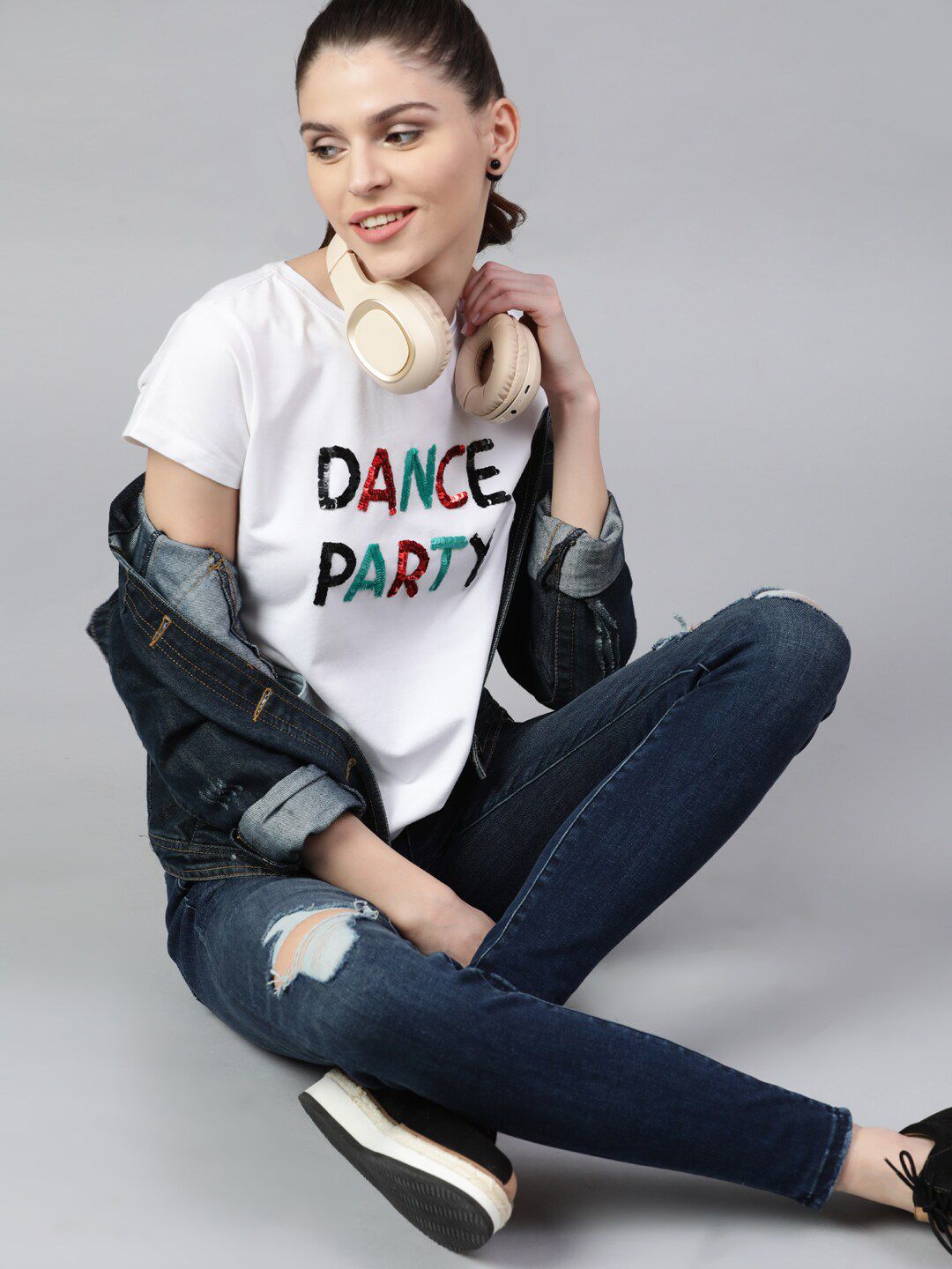 STREET 9 Women White Sequinned Round Neck T-shirt