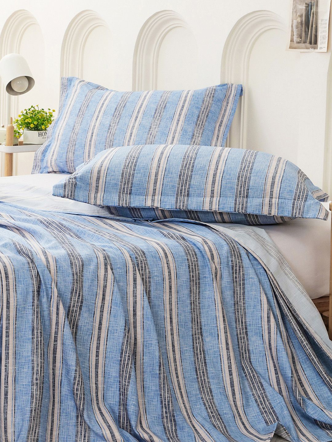 Story@home Aviator Blue 240 TC Cotton Striped King Bedsheet with 2 Pillow Covers