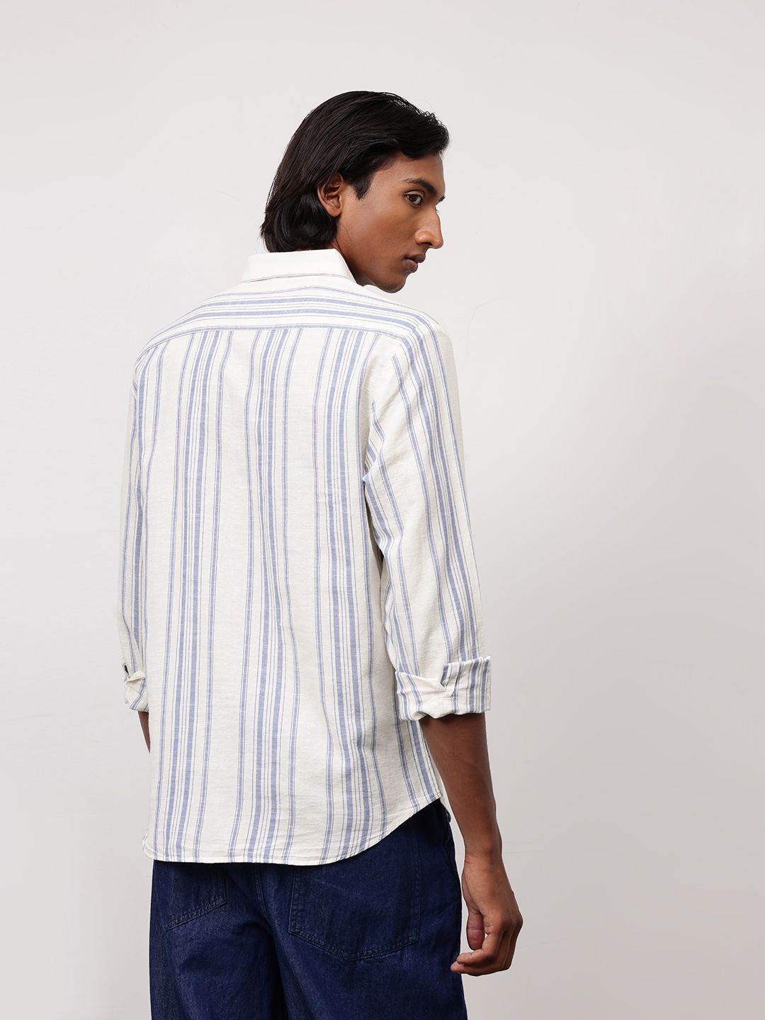 ether Men Classic FitCotton Linen Striped Casual Shirt