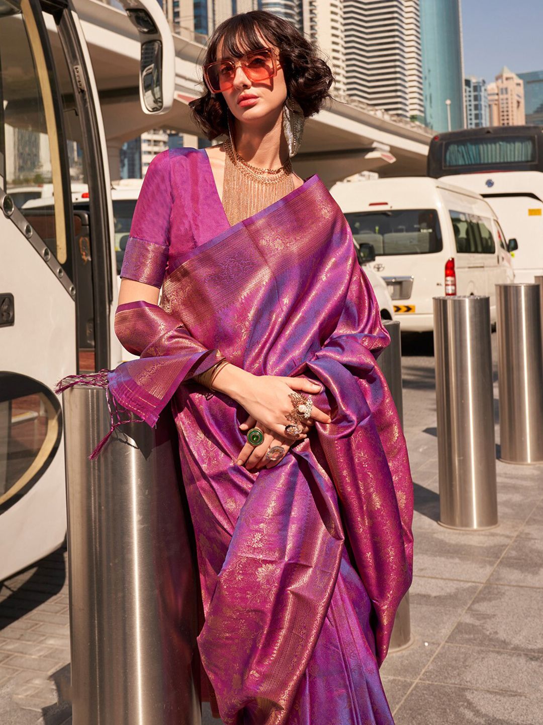 Saree mall Ethnic Motifs Zari Kanjeevaram Saree with Tassels