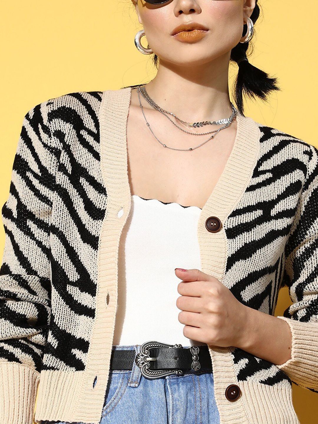 SASSAFRAS Women Beige & Black Animal Printed Crop Cardigan