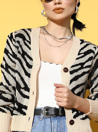 SASSAFRAS Women Beige & Black Animal Printed Crop Cardigan