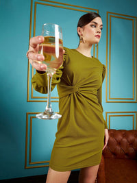 SASSAFRAS Olive Self Design Puff Sleeves Gathered Detail Sheath Dress